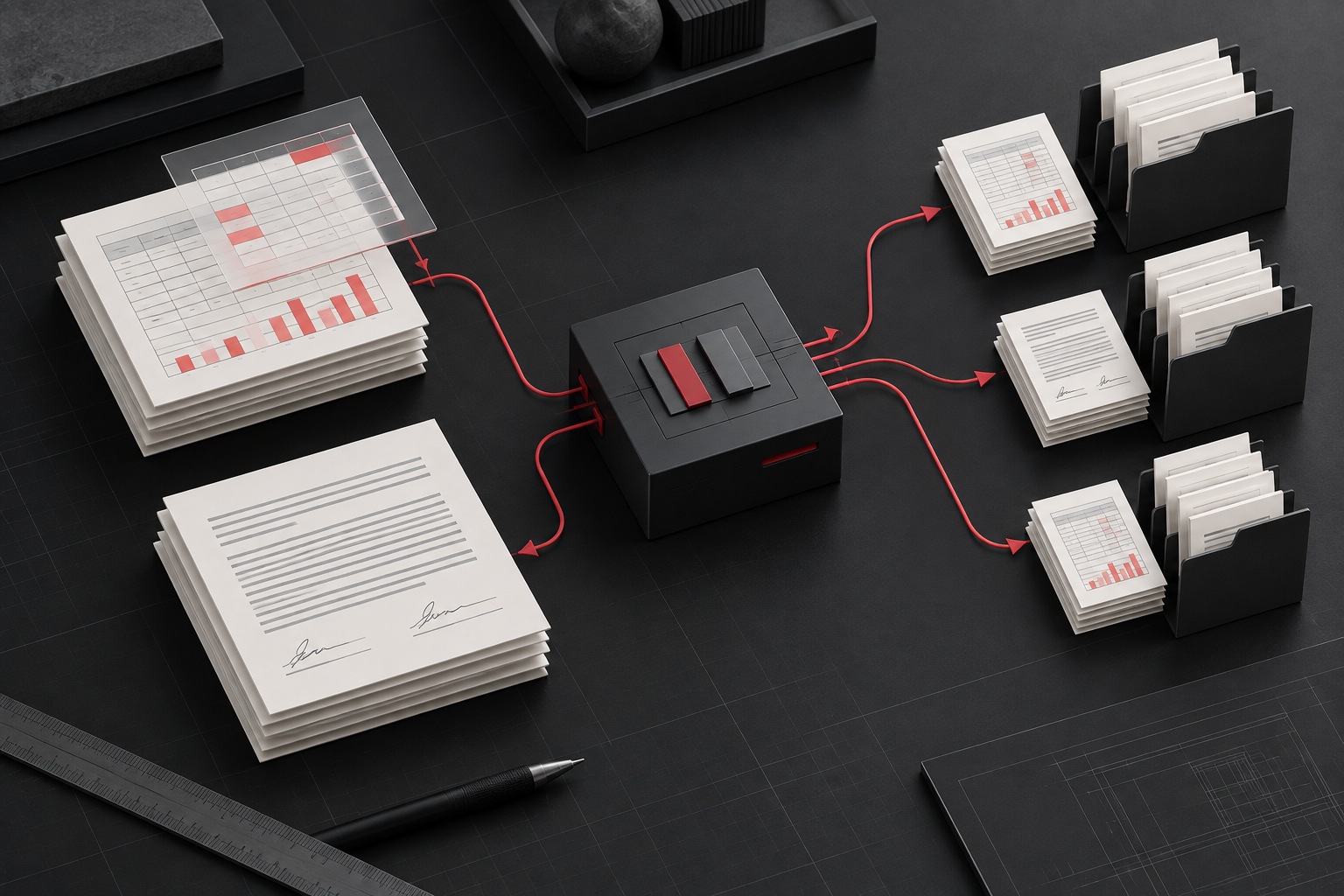 Concept illustration of spreadsheet and contract templates flowing through an automation service into client folders.