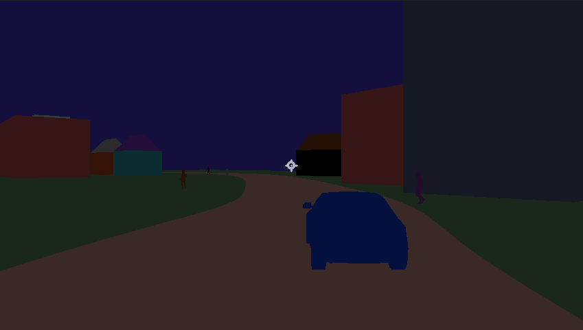 Virtual road scene segmented into object classes