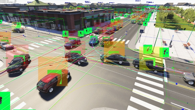 Annotated vehicles and pedestrians at a simulated urban intersection