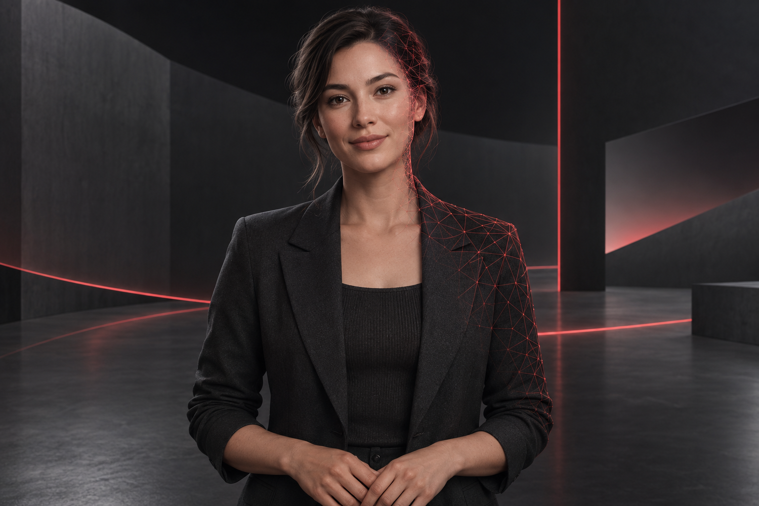 Concept illustration of a digital human avatar with a red wireframe detail.