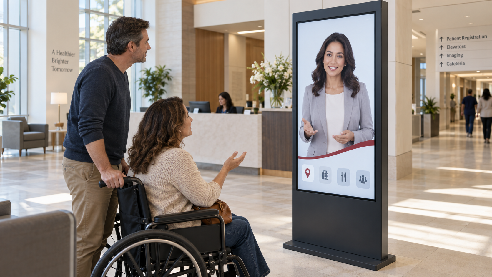 Illustration of a hospital visitor in a wheelchair and a companion interacting with a digital avatar on an information screen.