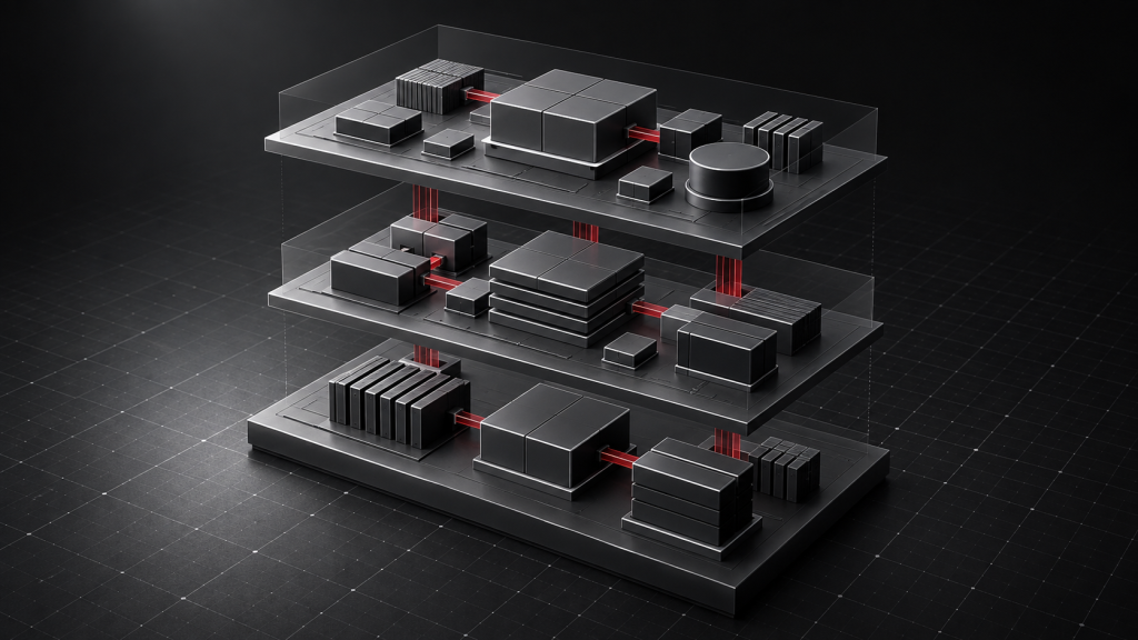 Conceptual illustration of modular software components with clear boundaries and connections.